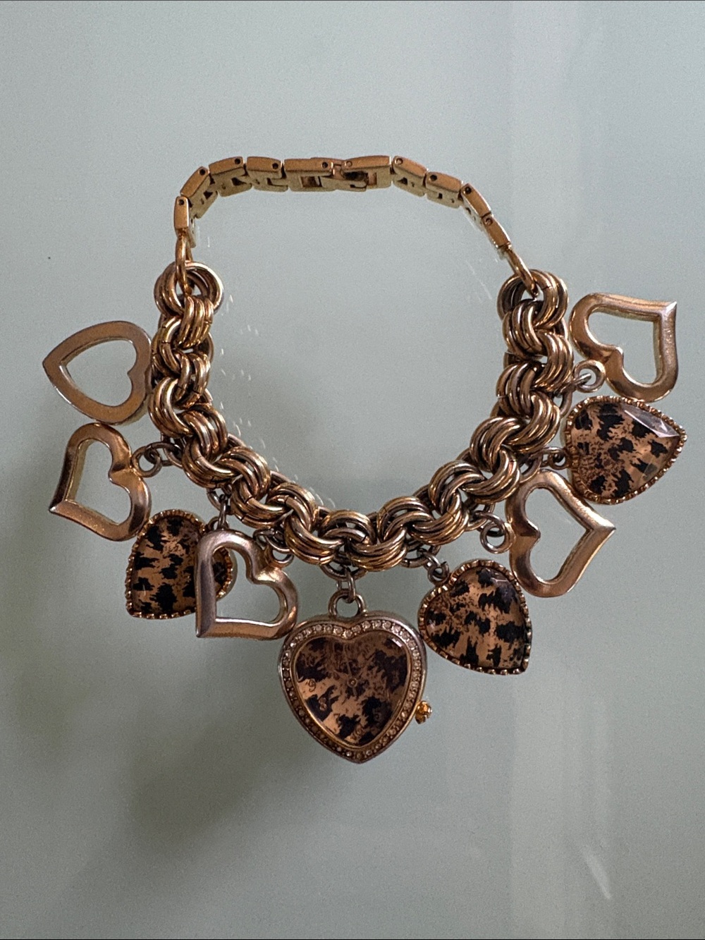 VTG Betsey Johnson Gold-Tone Heart Charm Bracelet, clock pendant, leopard print